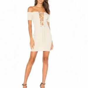 h:ours Beige Lace-Up Off-Shoulder Mini Dress